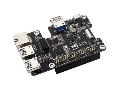 PCIe To Gigabit Ethernet And USB 3.2 Gen1 HAT For Raspberry Pi 5, 3x USB 3.2 Gen1, 1x Gigabit Ethernet, Driver-Free, Plug And Play, Raspberry Pi 5 PCIe HAT