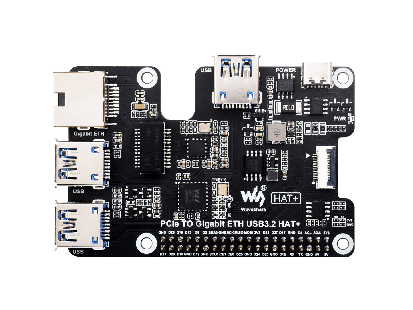 PCIe To Gigabit Ethernet And USB 3.2 Gen1 HAT For Raspberry Pi 5, 3x USB 3.2 Gen1, 1x Gigabit Ethernet, Driver-Free, Plug And Play, Raspberry Pi 5 PCIe HAT