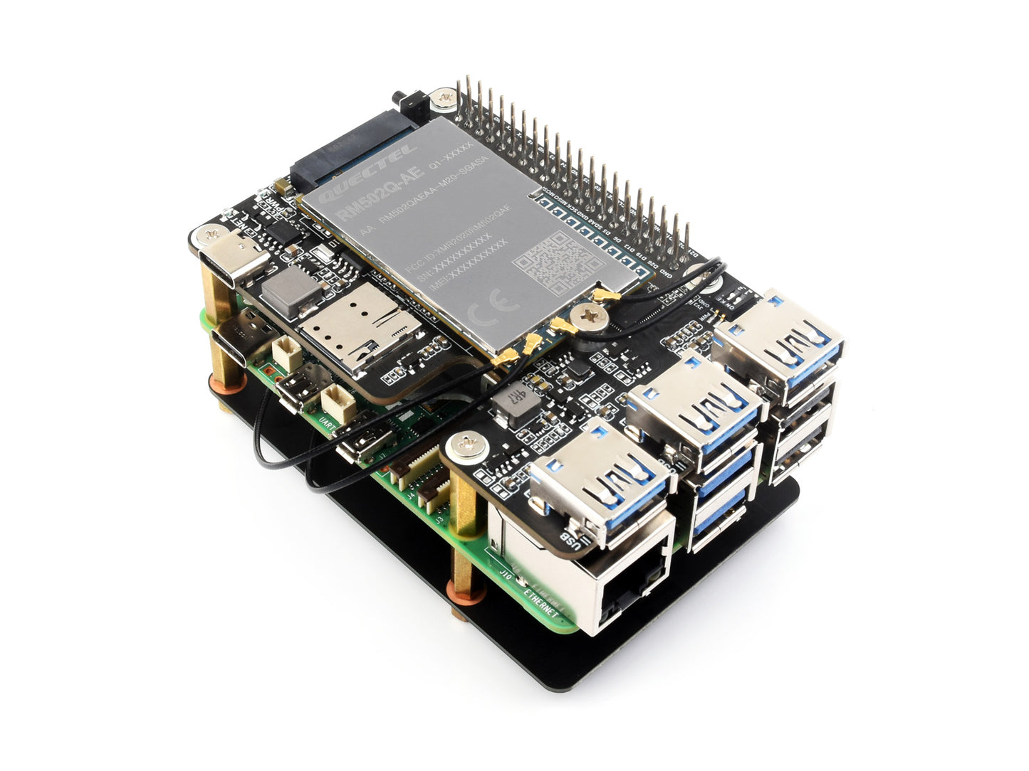 PCIe to M.2 4G/5G And USB 3.2 HAT for Raspberry Pi 5, Compatible with SIMCom/Quectel 4G/5G modules, Raspberry Pi 5 HAT, High-speed Networking