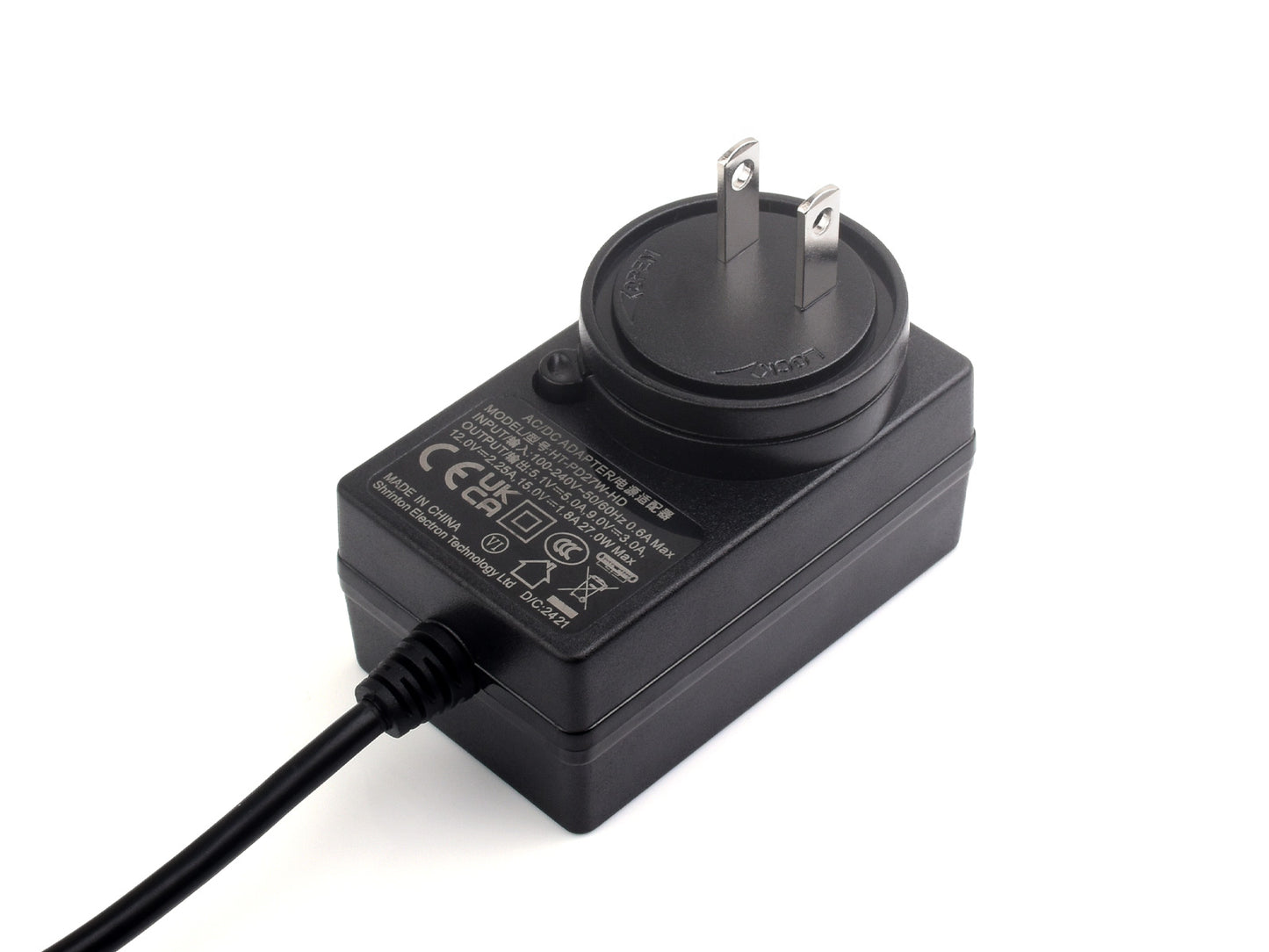 27W USB Type-C Power Supply Type B, PD Power Supply, Options For US / EU / UK Plugs, 1.2m cable length, Raspberry Pi 5 Power Supply