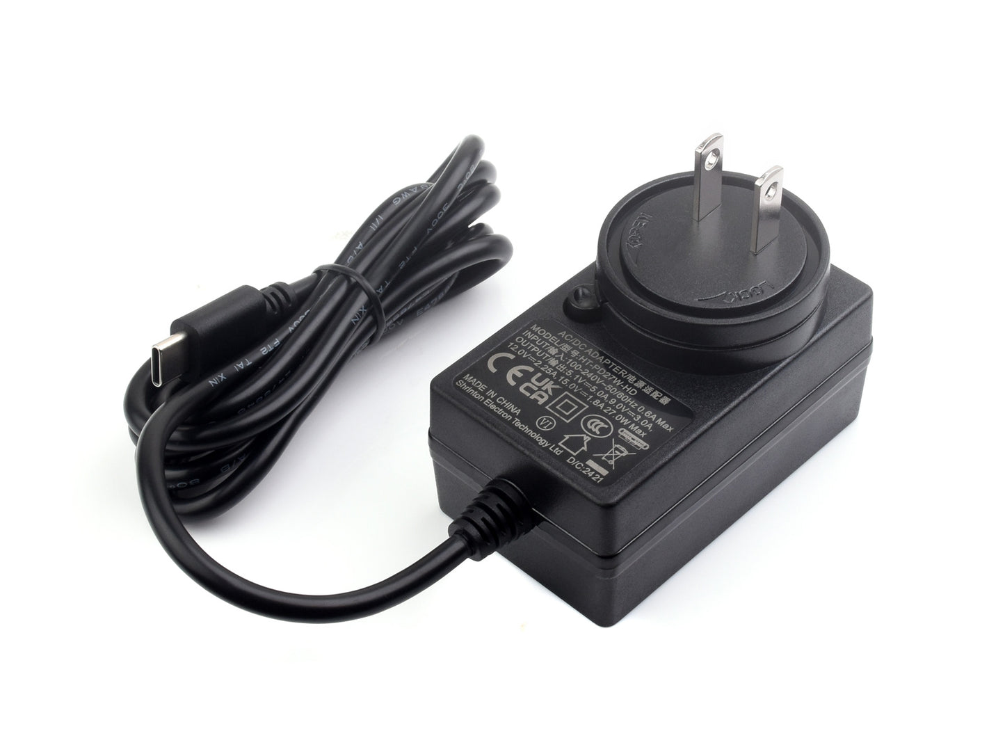 27W USB Type-C Power Supply Type B, PD Power Supply, Options For US / EU / UK Plugs, 1.2m cable length, Raspberry Pi 5 Power Supply