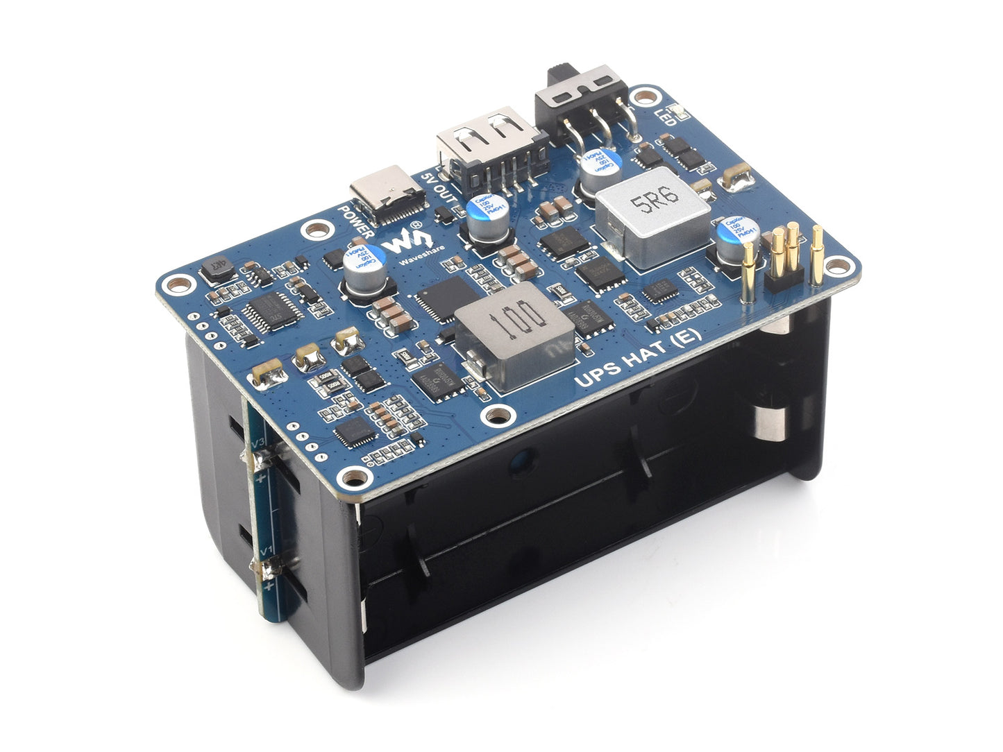 UPS HAT (E) for Raspberry Pi, Supports 4× 21700 Li batteries (NOT included), Bi-Directional Fast charging, 5V 6A Output, Pogo Pins Connector, Raspberry Pi UPS
