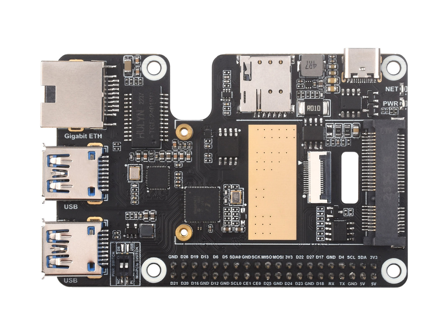 PCIe to MiniPCIe / Gigabit Ethernet / USB 3.2 Gen1 HAT for Raspberry Pi 5, Supports MiniPCIe interface 4G Module, High-speed Networking, Raspberry Pi 5 HAT