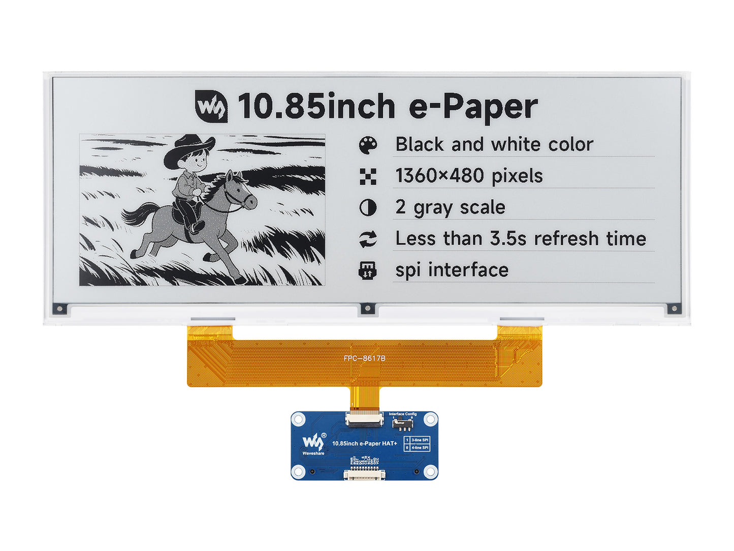 10.85inch e-Paper display, e-ink display, 1360 × 480, Black / White, SPI Interface