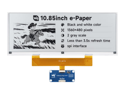 10.85inch e-Paper display, e-ink display, 1360 × 480, Black / White, SPI Interface