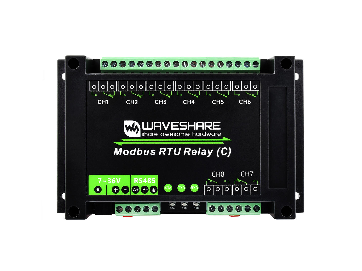 Modbus RTU 8-ch Latching Relay Module (C) with RS485 Interface, Multi Isolation Protection Circuits, Rail-mounted Case
