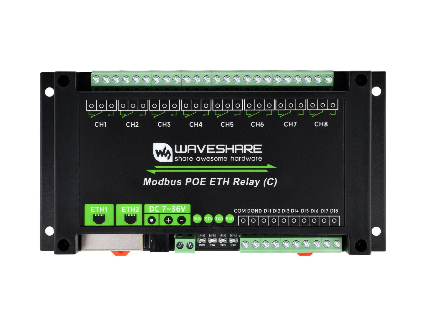 Dual Ethernet Ports 8-ch Relay Module (C), Modbus RTU Protocol, PoE Power Supply, With Various Isolation And Protection Circuits, Industrial Grade Rail-Mount Case