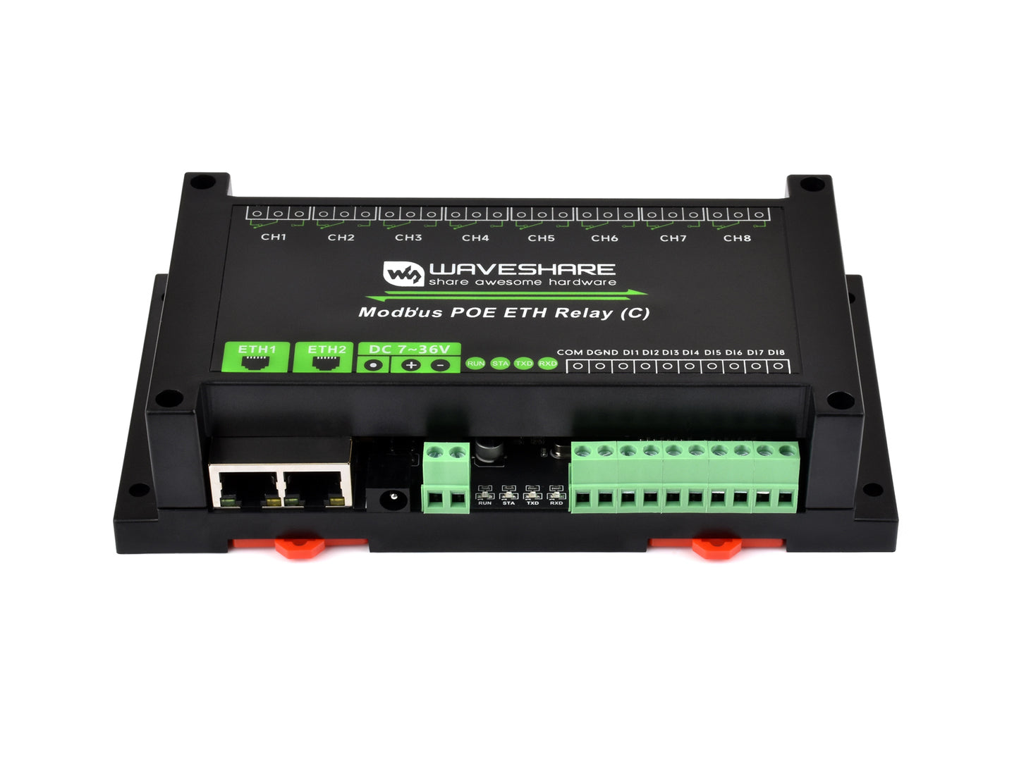 Dual Ethernet Ports 8-ch Relay Module (C), Modbus RTU Protocol, PoE Power Supply, With Various Isolation And Protection Circuits, Industrial Grade Rail-Mount Case