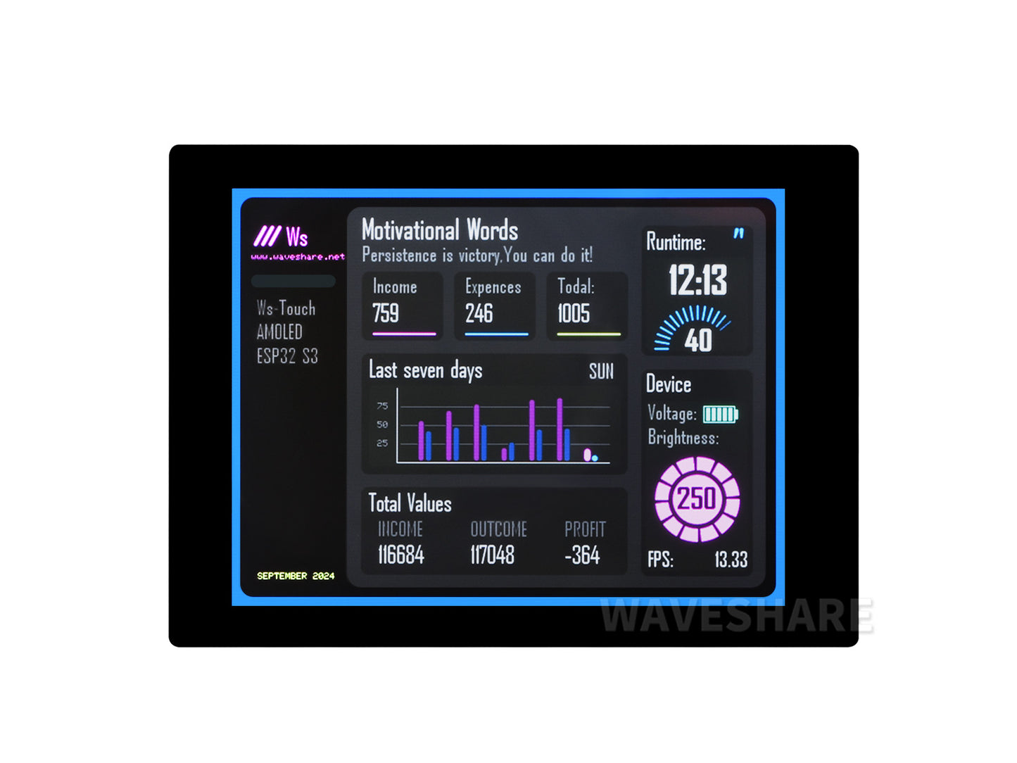 ESP32-S3 2.41inch AMOLED Touch Display Development Board, 600×450, 32-bit LX7 Dual-core Processor, Onboard Accelerometer And Gyroscope Sensor, ESP32 With Display