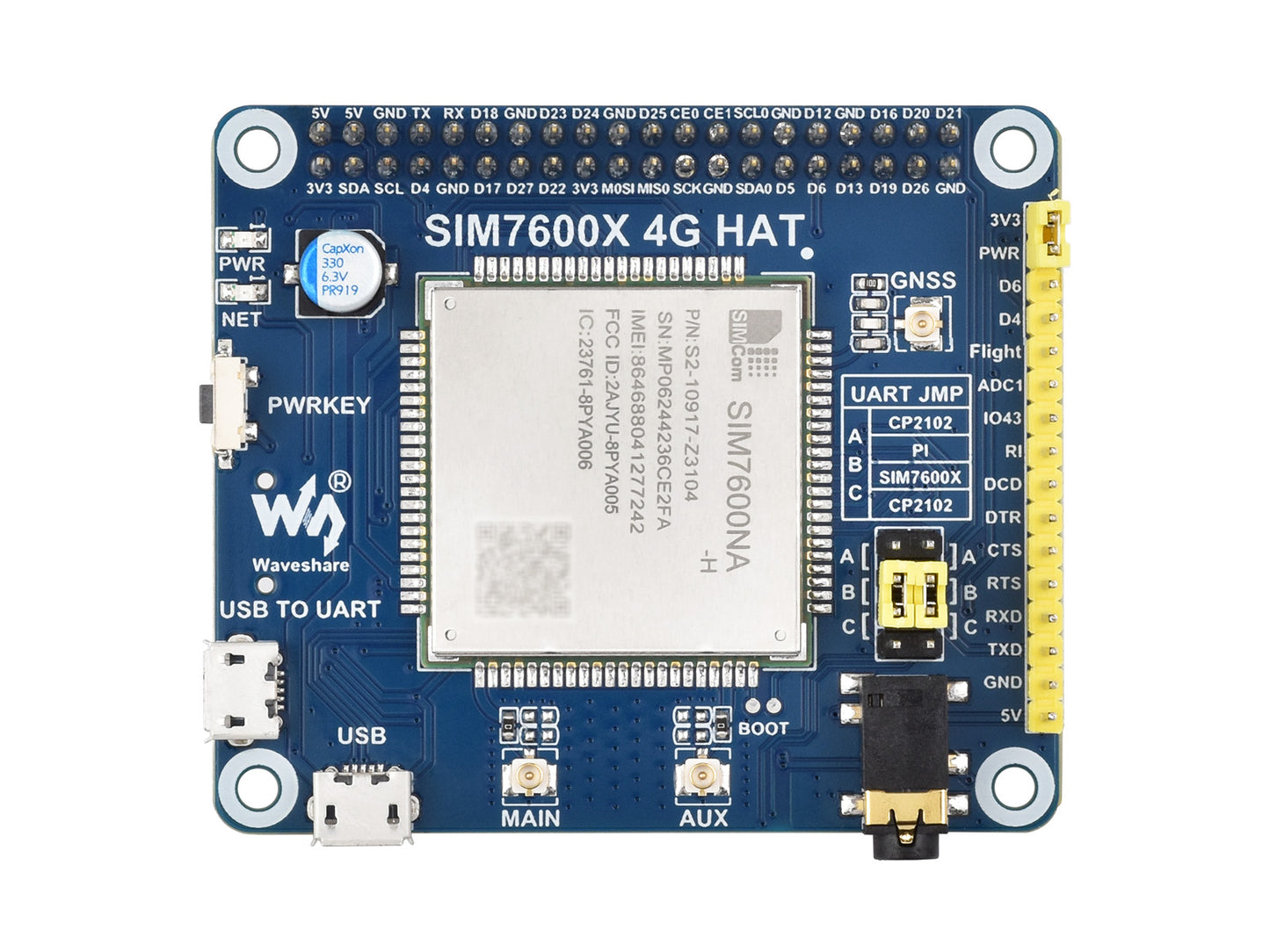 SIM7600NA-H 4G HAT For Raspberry Pi, LTE Cat-4 4G Support, GNSS Positioning, for North America
