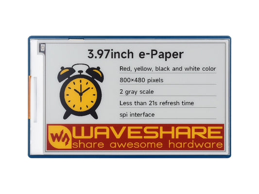 3.97inch E-Paper Display (G), E-Ink Display, 800 × 480 pixels, Red/Yellow/Black/White, SPI Interface, Standard Raspberry Pi 40PIN GPIO header