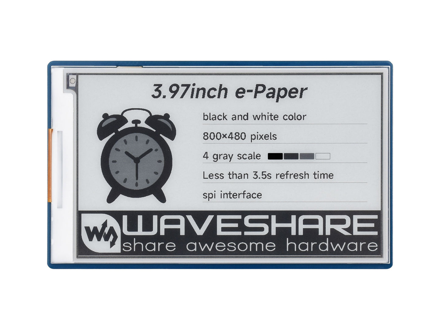 3.97inch E-Paper Display, E-Ink Display, 800 × 480 Pixels, Black/White, 4 Grey Scales, SPI Interface, Standard Raspberry Pi 40PIN GPIO header