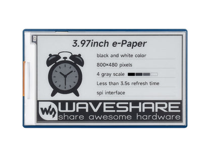 3.97inch E-Paper Display, E-Ink Display, 800 × 480 Pixels, Black/White, 4 Grey Scales, SPI Interface, Standard Raspberry Pi 40PIN GPIO header