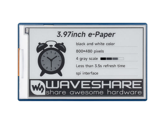 3.97inch E-Paper Display, E-Ink Display, 800 × 480 Pixels, Black/White, 4 Grey Scales, SPI Interface, Standard Raspberry Pi 40PIN GPIO header