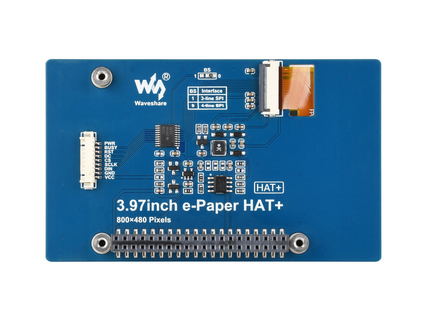 3.97inch E-Paper Display, E-Ink Display, 800 × 480 Pixels, Black/White, 4 Grey Scales, SPI Interface, Standard Raspberry Pi 40PIN GPIO header