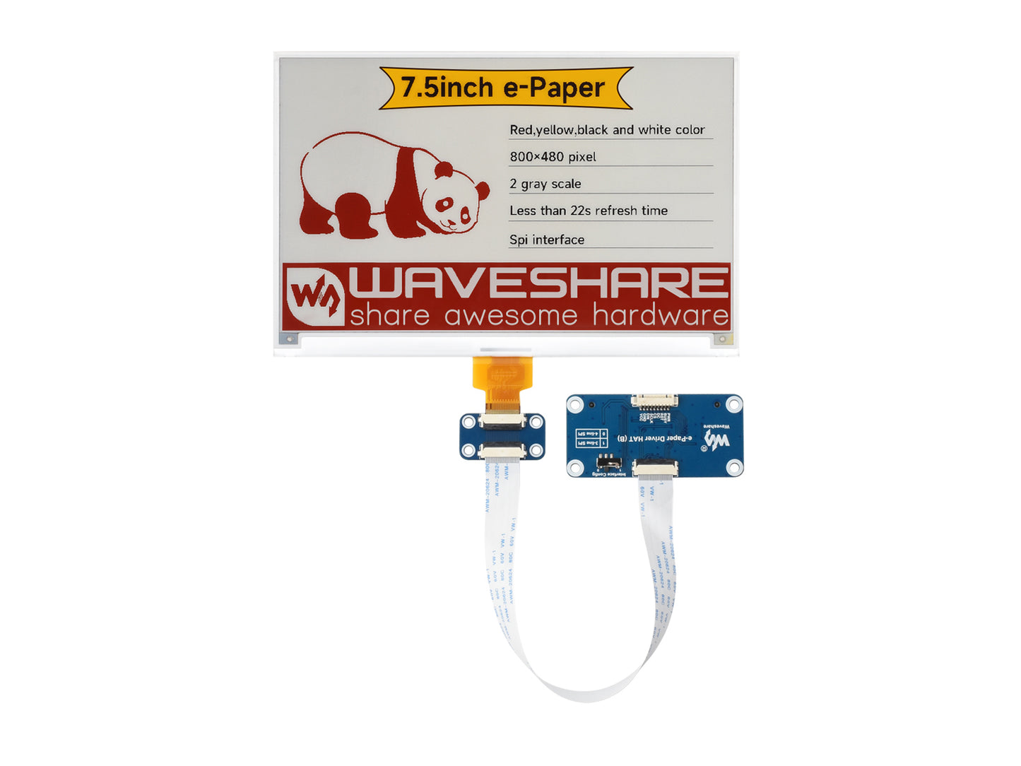7.5inch e-Paper display (H), E-ink display, 800x480, Red/Yellow/Black/White, SPI Interface