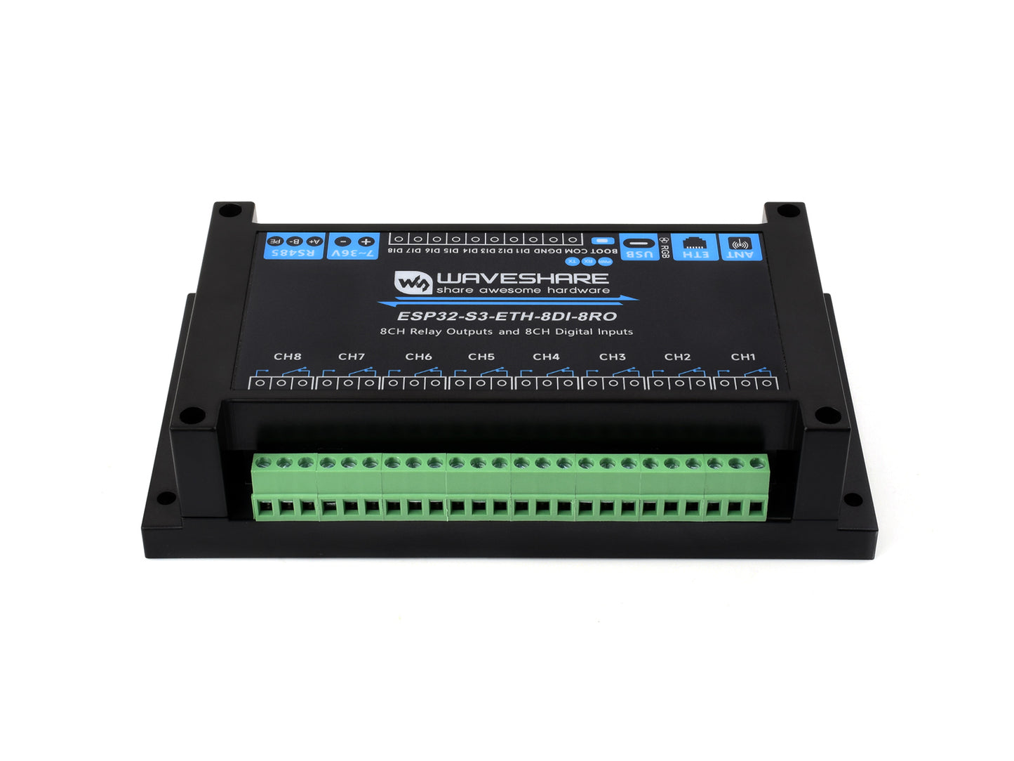 Industrial 8-Channel ESP32-S3 WiFi Relay Module, Onboard isolated RS485 interface, Built-in Xtensa 32-bit LX7 Dual-core Processor, With Multiple Isolation Protection Circuits