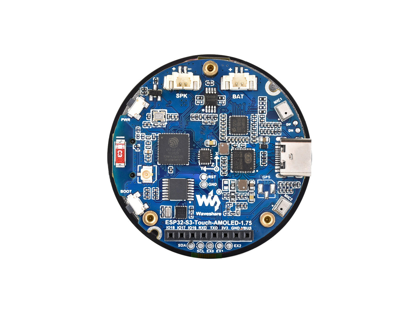 ESP32-S3 1.75inch AMOLED Round Touch Display Development Board, 32-bit LX7 Dual-core Processor, 466×466 Pixels, QSPI Interface, Onboard Dual Microphone Array, ESP32 With Display