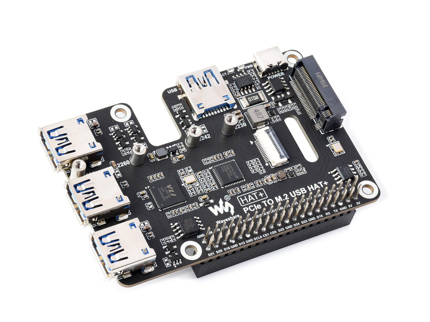 PCIe To USB 3.2 Gen1 And M.2 HAT For Raspberry Pi 5, Supports NVMe Protocol Solid State Drive, Expands 4-Ch USB 3.2 Ports, High-speed Reading / Writing, HAT+ Standard