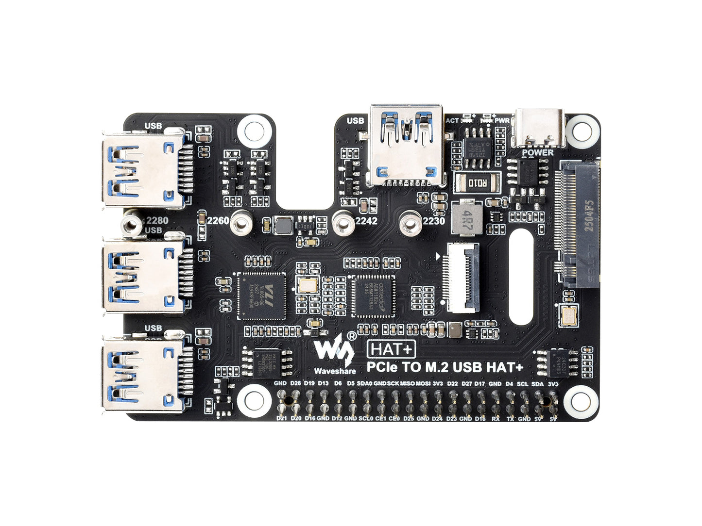 PCIe To USB 3.2 Gen1 And M.2 HAT For Raspberry Pi 5, Supports NVMe Protocol Solid State Drive, Expands 4-Ch USB 3.2 Ports, High-speed Reading / Writing, HAT+ Standard