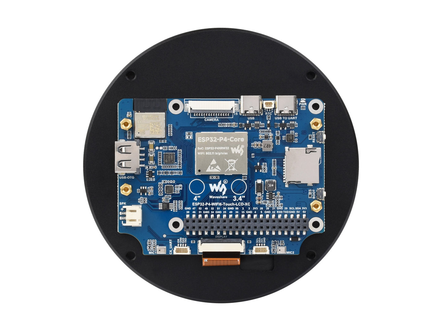 ESP32-P4 3.4 / 4 Inch Round Touch Display Development Board, 800 × 800 / 720 × 720 Resolution, Optical Bonding Toughened Glass Panel, Onboard Dual Microphones, Support Wi-Fi 6 / Bluetooth 5 (LE)