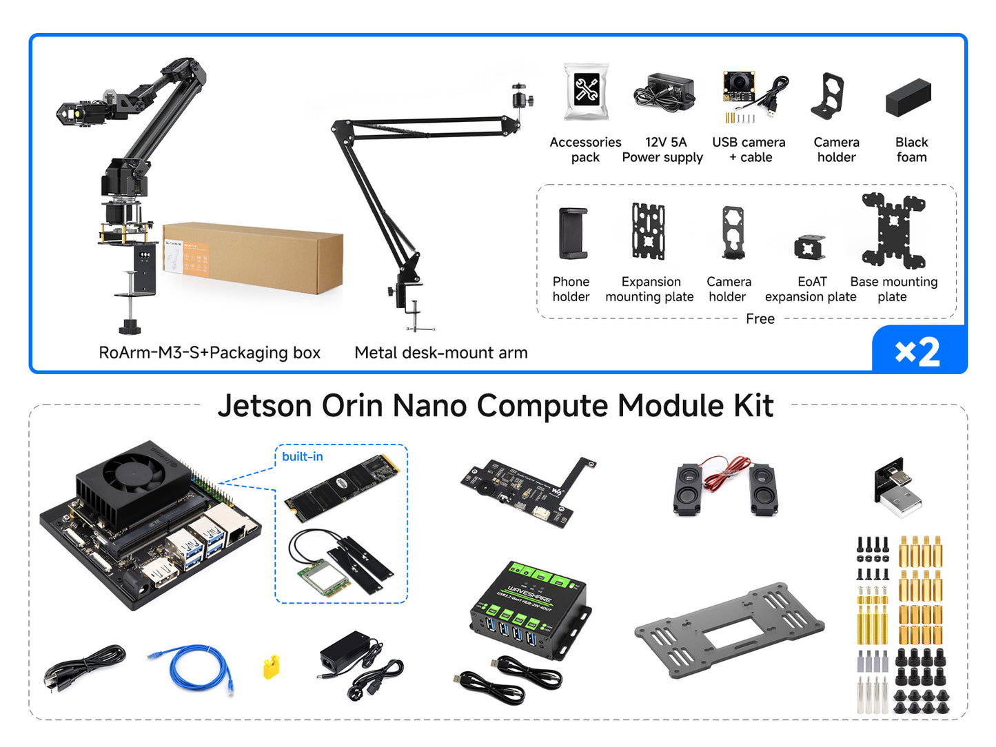 5 + 1 DOF High-Torque Serial Bus Servo Dual Robotic Arm AI Kit, Options for Jetson Orin Nano / NX, Supports Hugging Face LeRobot AI Robotic Project, Based On ESP32, Wireless Control