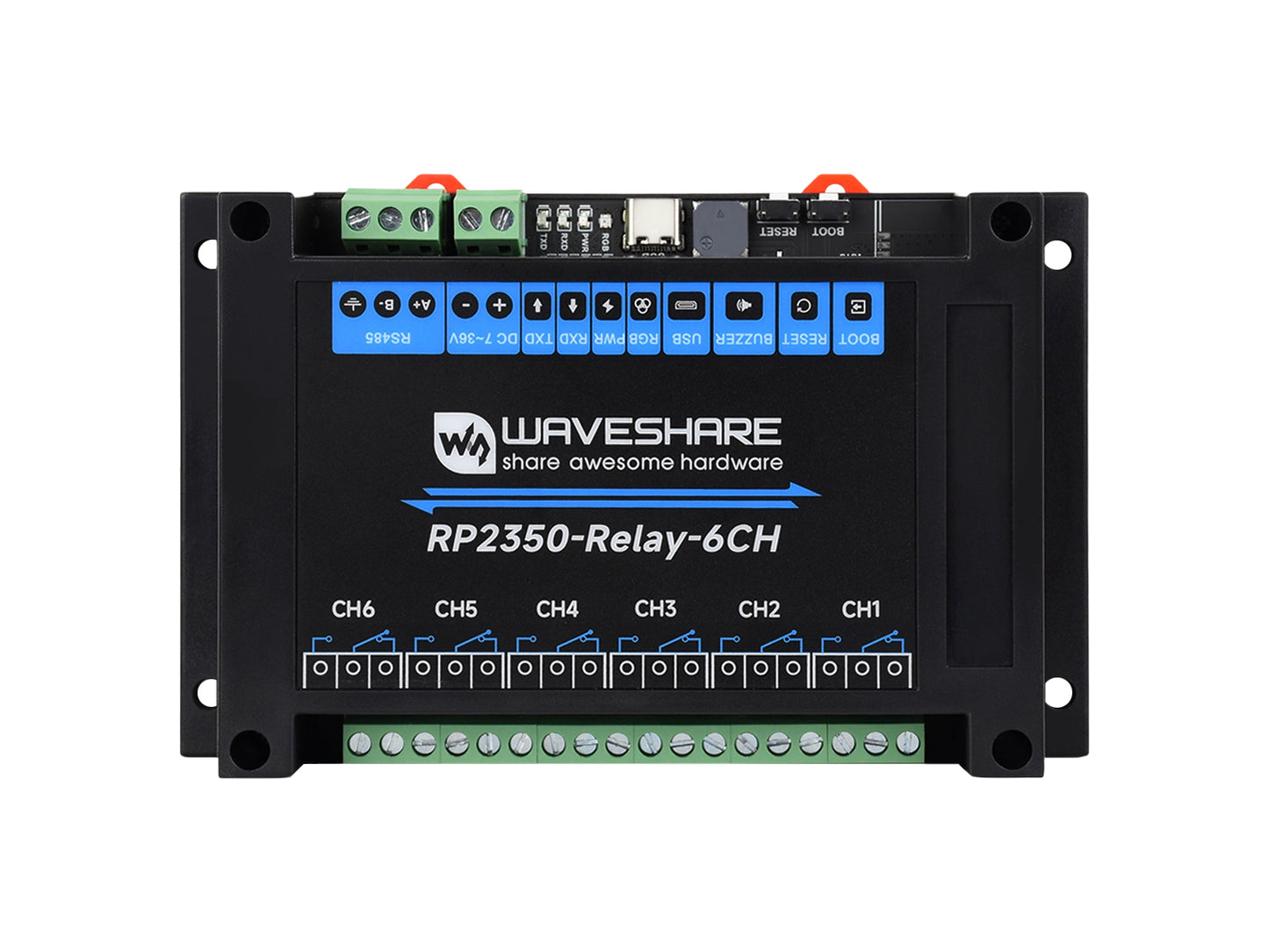 Industrial 6-Channel RP2350 Relay Module, Onboard RS485 / Pico HAT interfaces, With Multiple Isolation Protection Circuits, Industrial-Grade, Rail-Mount Case, Optional For Wireless Function