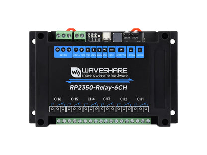 Industrial 6-Channel RP2350 Relay Module, Onboard RS485 / Pico HAT interfaces, With Multiple Isolation Protection Circuits, Industrial-Grade, Rail-Mount Case, Optional For Wireless Function