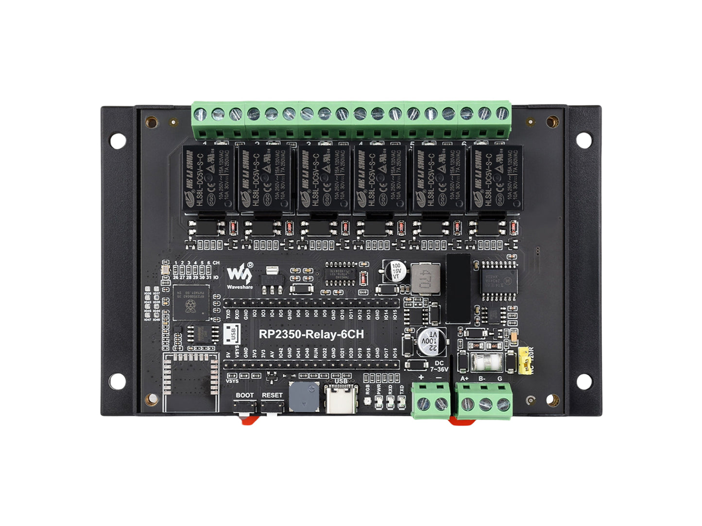 Industrial 6-Channel RP2350 Relay Module, Onboard RS485 / Pico HAT interfaces, With Multiple Isolation Protection Circuits, Industrial-Grade, Rail-Mount Case, Optional For Wireless Function