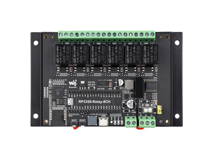 Industrial 6-Channel RP2350 Relay Module, Onboard RS485 / Pico HAT interfaces, With Multiple Isolation Protection Circuits, Industrial-Grade, Rail-Mount Case, Optional For Wireless Function
