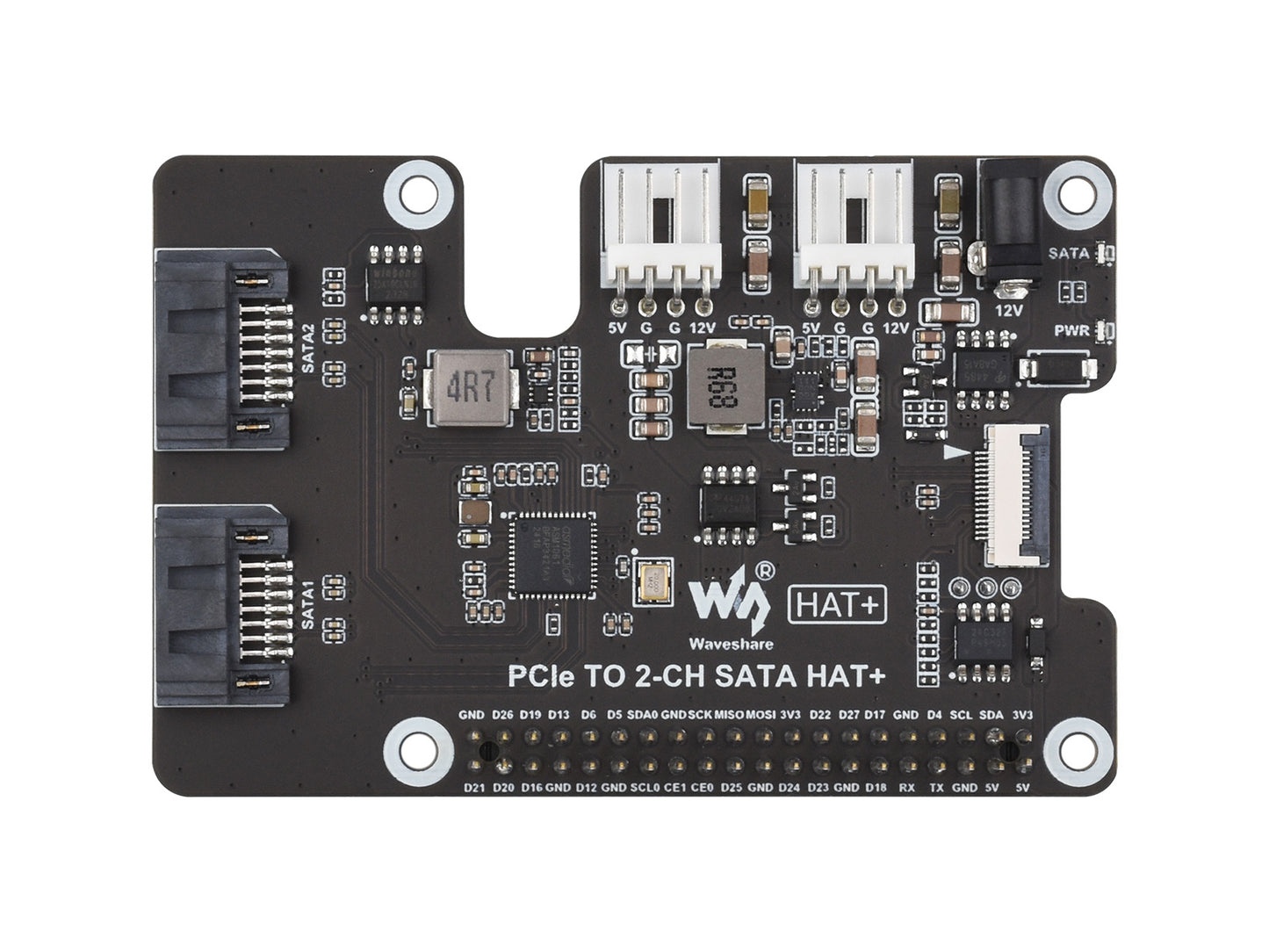PCIe To 2-Ch SATA Adapter For Raspberry Pi 5, Supports SATA Hard Drive Protocol, Onboard Dual LED Indicators And EEPROM, HAT + Standard, Driver-free, Plug And Play