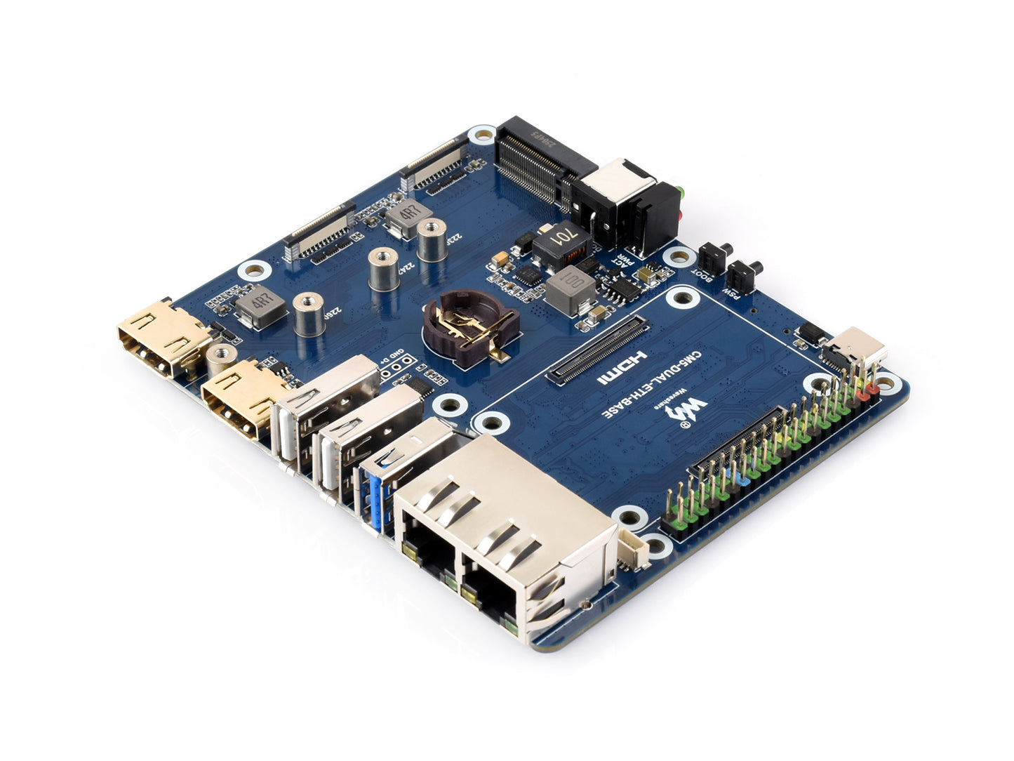 Gigabit / 2.5G Dual Ethernet Base Board For Raspberry Pi CM5. Dual RJ45 Ethernet Ports, Supports Dual 4K Display Outputs And Dual MIPI Interfaces