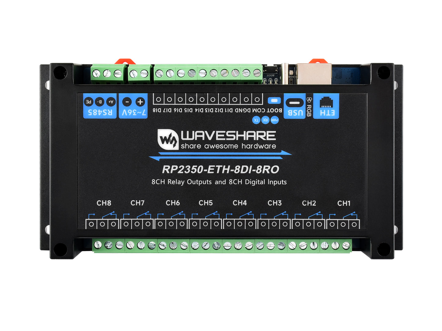 Industrial 8-Channel RP2350 Relay Module, Based On RP2350 Dual-core & Dual-architecture Microcontroller, Supports Digital Input, RS485, And Ethernet Port Interfaces, With Multiple Isolation Protection Circuits