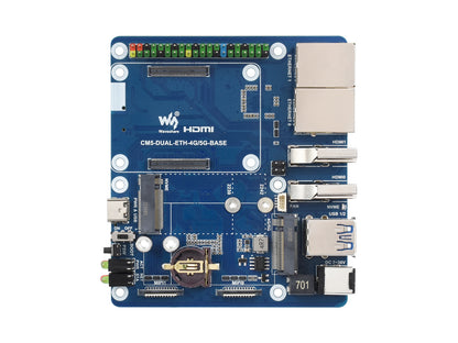 Dual Ethernet Base Board For Raspberry Pi CM5, Supports 4G / 5G Module, Dual 4K Display Outputs And Dual MIPI Interfaces, Onboard 40PIN GPIO Header And Dual USB 3.2 Gen1 Ports, PoE Module Support