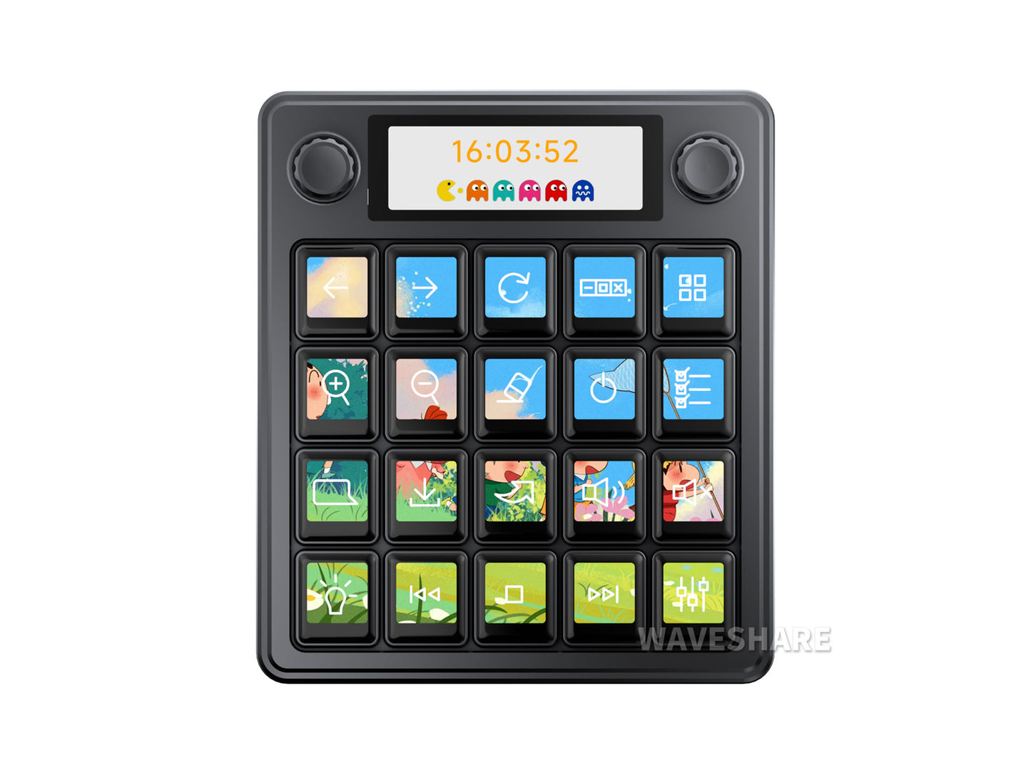 Waveshare MK20 Multifunktionales KI-Sprachsteuerungspanel, mit 20 × 0,85-Zoll mechanischen LCD-Makrotasten und einem 2,8-Zoll-Zweitbildschirm, hochpräzise Doppelknöpfe, Linux + QMK Dual-System-Architektur, Stream-Controller-Deck, Stream-Zubehör
