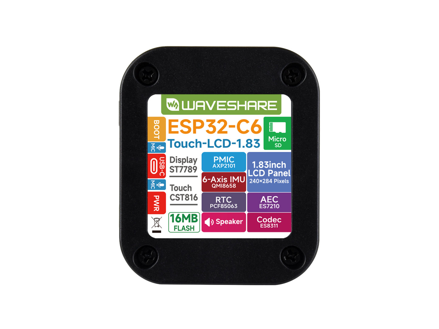 ESP32-C6 1.83inch Touch Display Development Board, 240 × 284, Onboard Audio Codec Chip, Built-in Microphones And Speaker, Supports Wi-Fi 6 And BLE 5