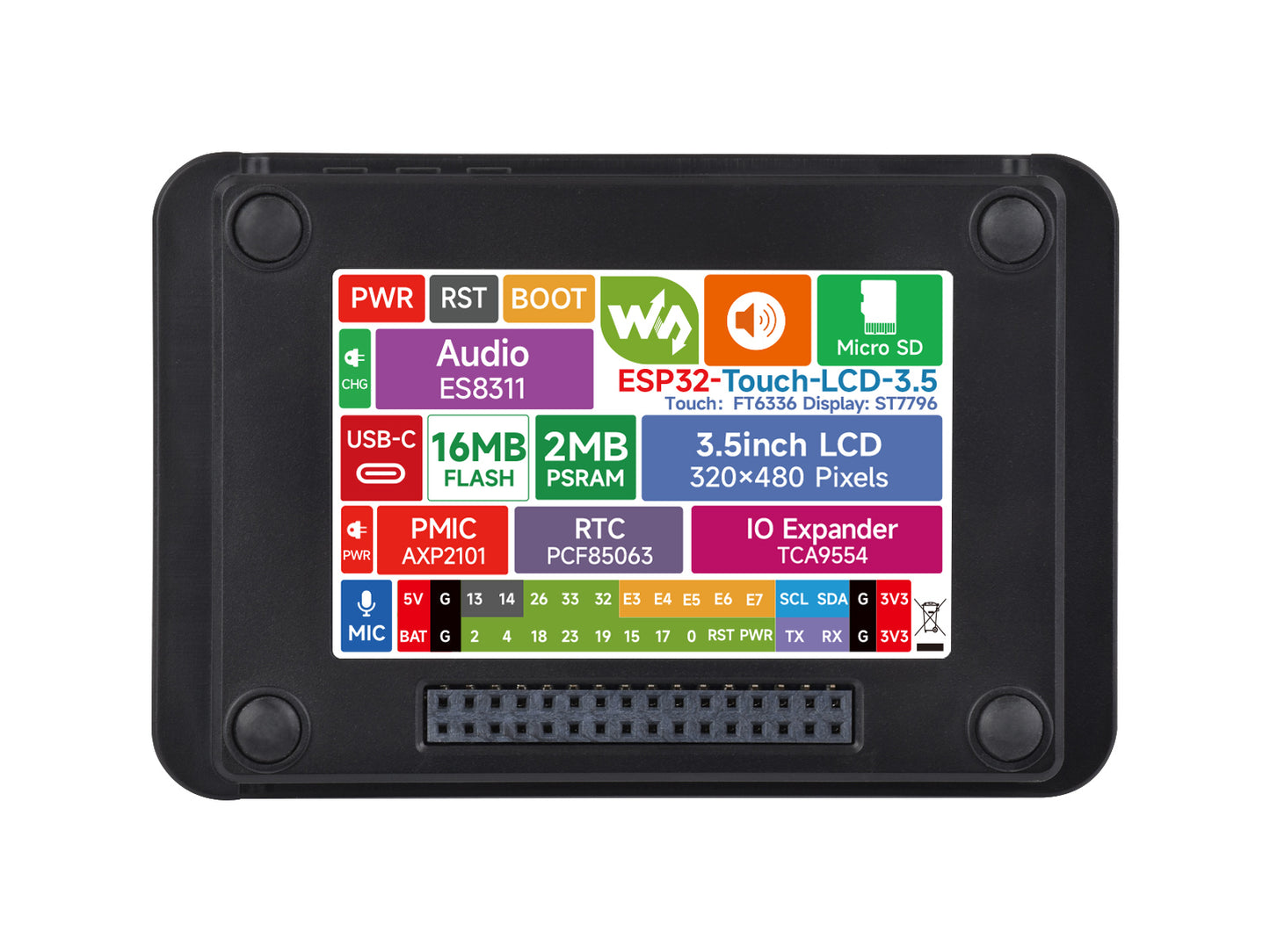 ESP32 3.5inch Rounded Corner Touch LCD Development Board, 320 × 480, Onboard Audio Codec Chip, Built-in Microphone And Speaker, Supports Wi-Fi And BLE, ESP32-WROOM-32, ESP32-2432s