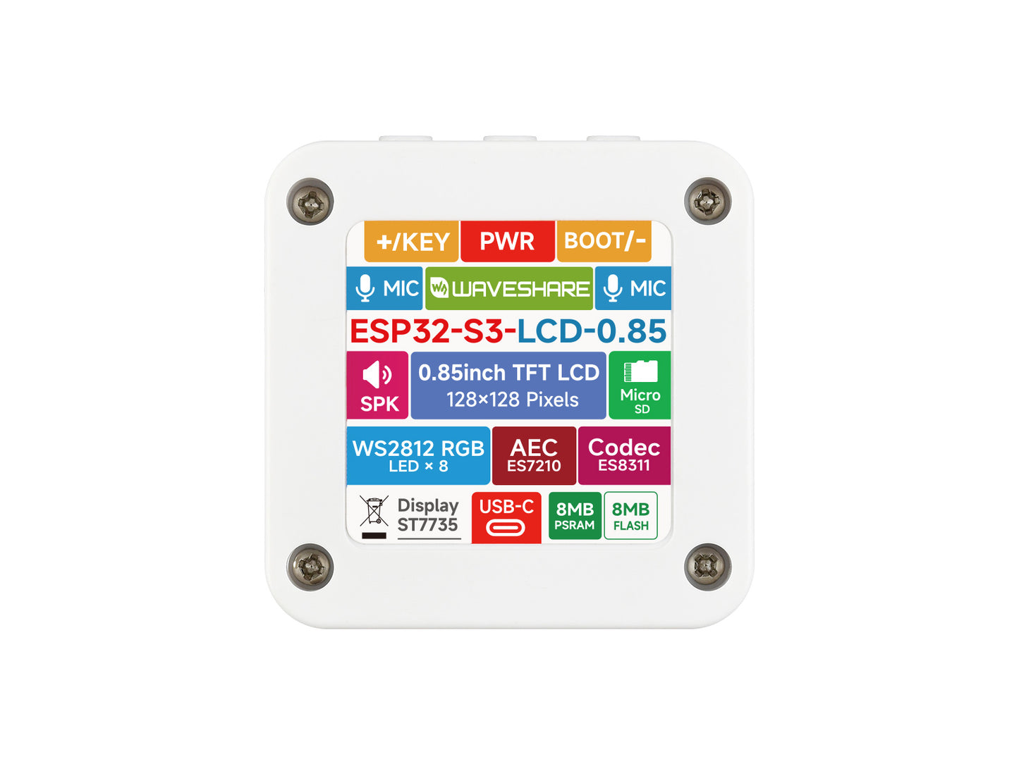 ESP32-S3 0.85inch LCD Display Development Board, 128 × 128 Resolution, Onboard Dual Microphones Array And Surround RGB LEDs, Supports 2.4GHz Wi-Fi And BLE 5